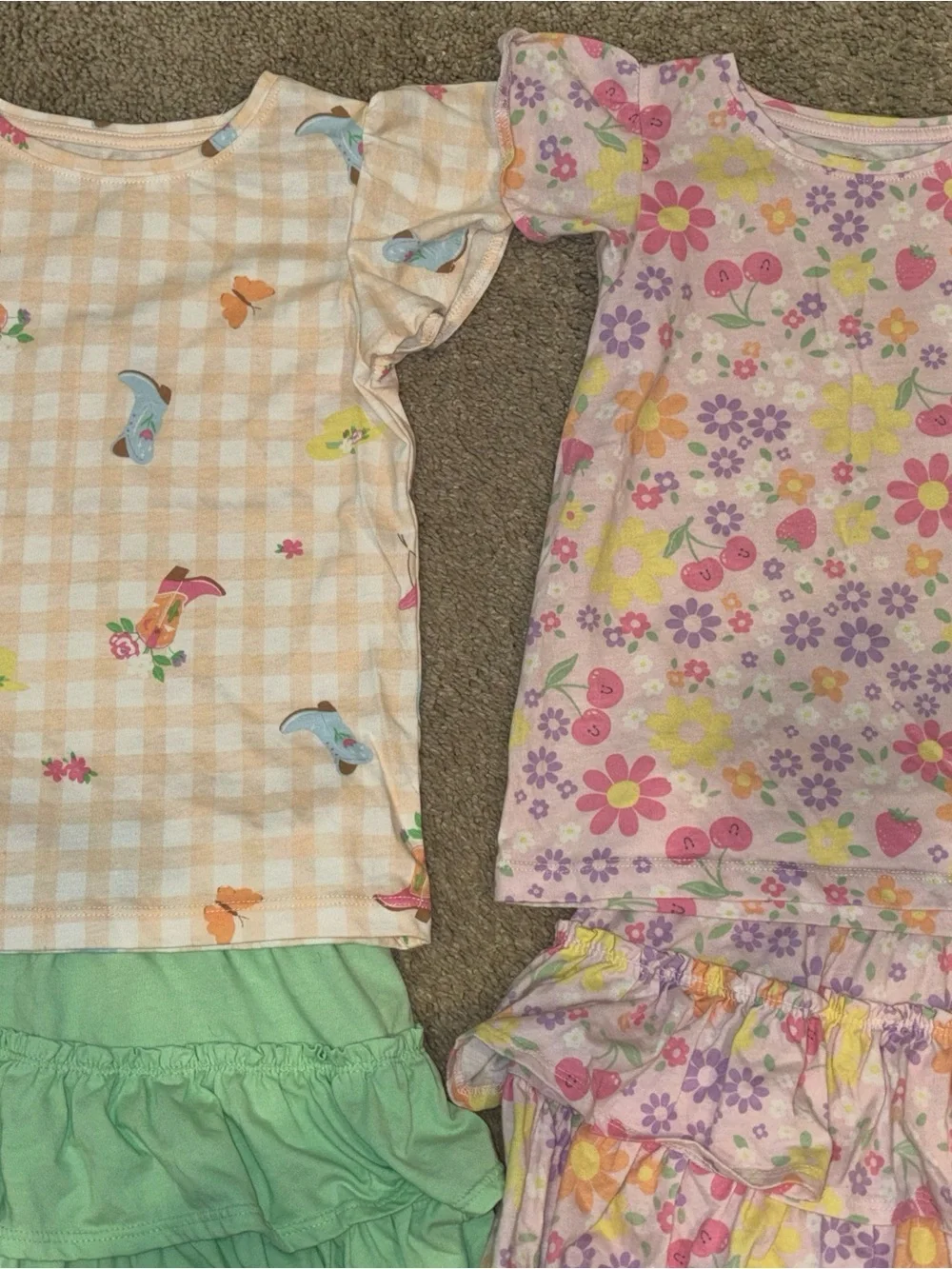 Girls Two-Piece Floral & Cowboy Gingham Ruffle Sets - Pink, Yellow, Mint